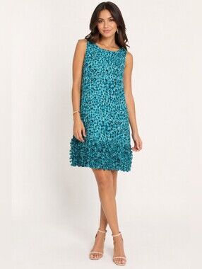 Yera Size 42 Turquoise Abstract Print Textured Ruffle Hem Shift Dress 10
